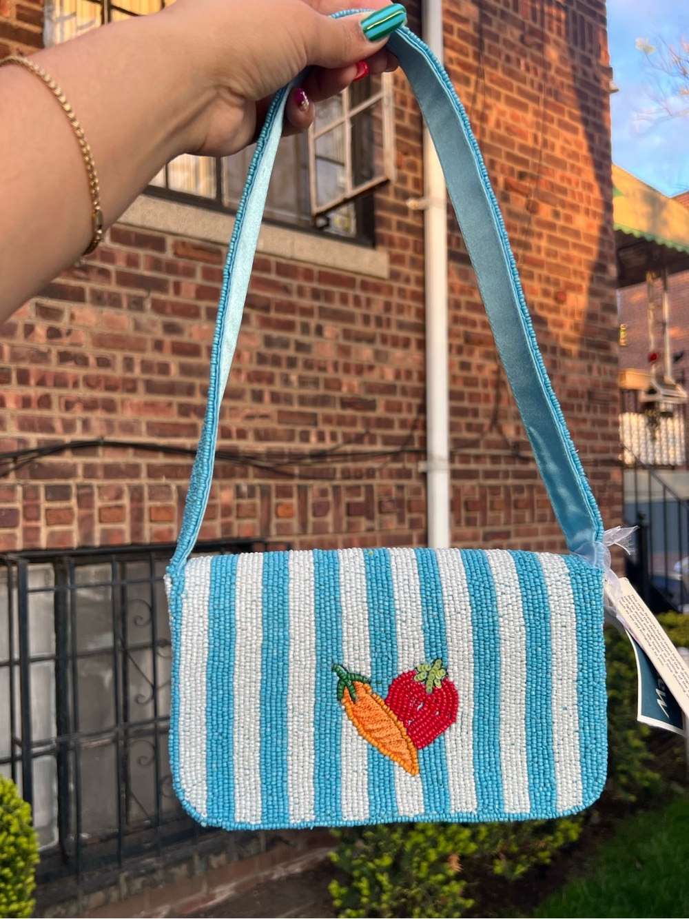 TJMAXX MARSHALLS Picnic Striped Farmers Market Produce Beaded Bag Shoulder Purse - Picture 10 of 10